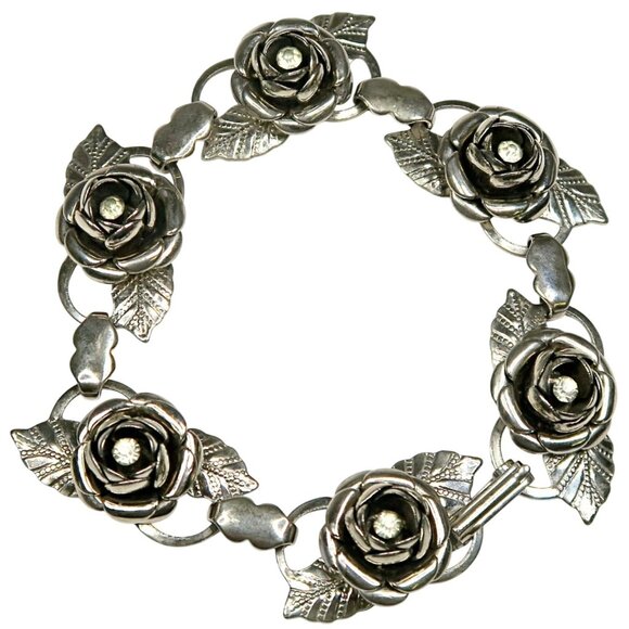 Vintage Mid-Century Rhinestone Rose Bracelet Silver Tone Floral Link Jewelry - Picture 1 of 6
